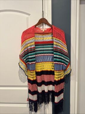 Celia Prado Anthropologie Colorful Striped Crochet Fringe Kimono